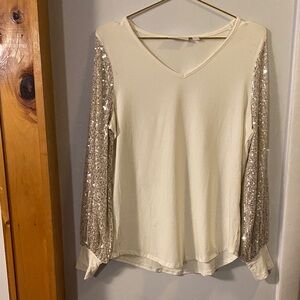 Belle by Kim Gravel Cream Top with Sequin Sleeves
